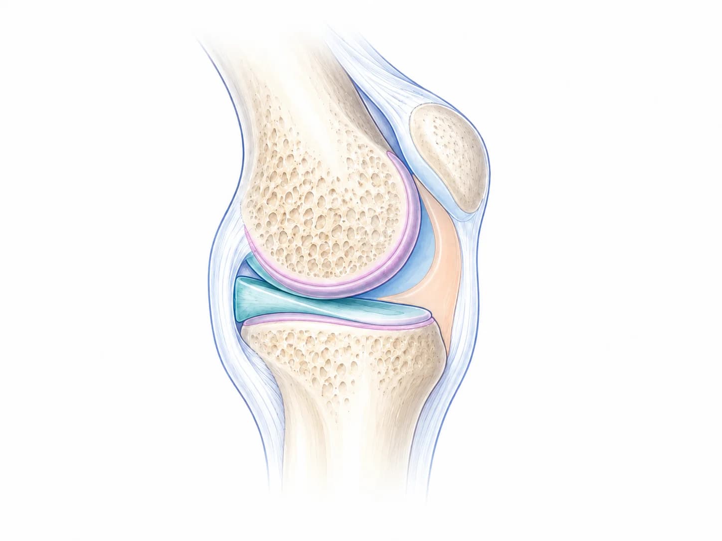 Knee joint cross-section showing ChondroFiller coating the cartilage surfaces and Arthrosamid lining the inside of the joint capsule