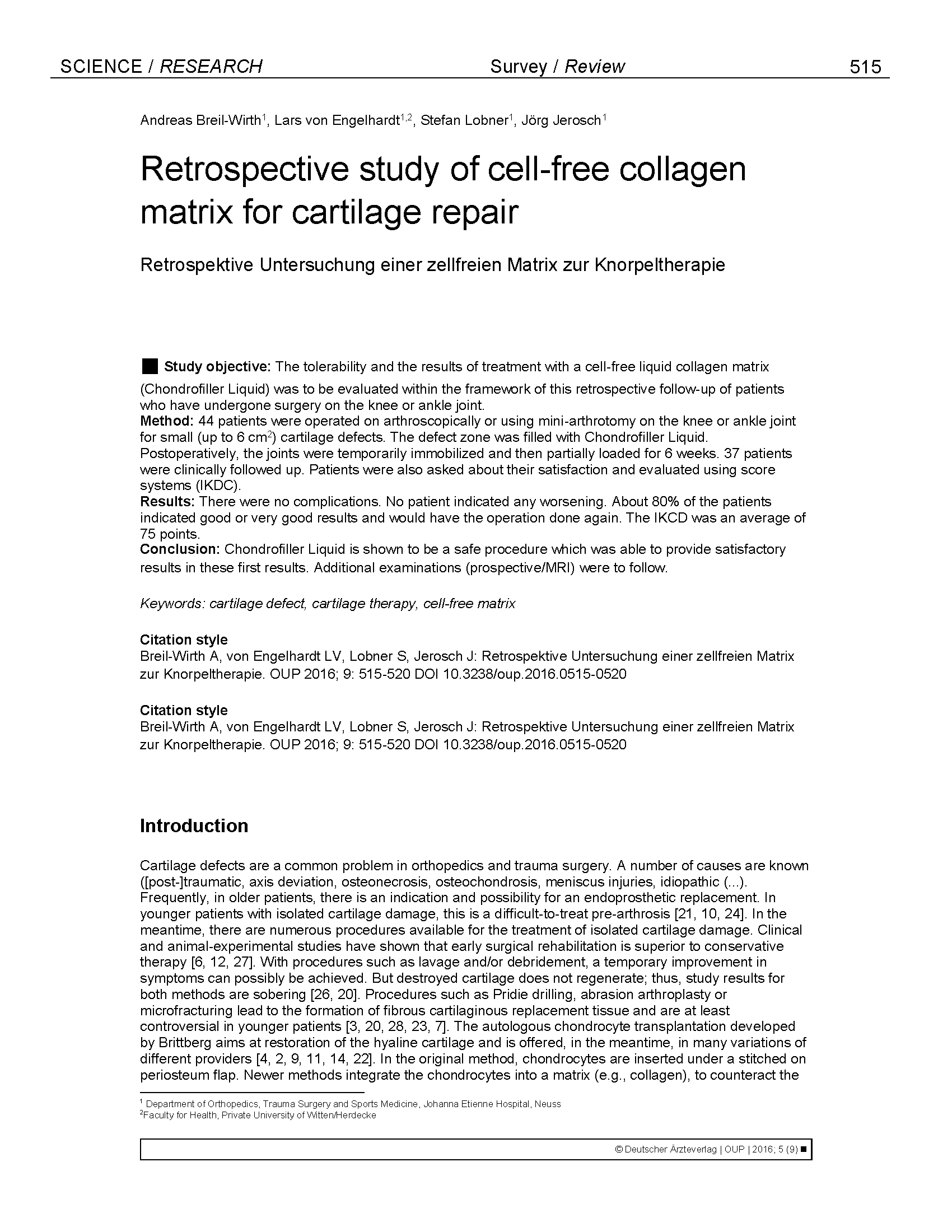 Collagen Matrix for Cartilage Repair